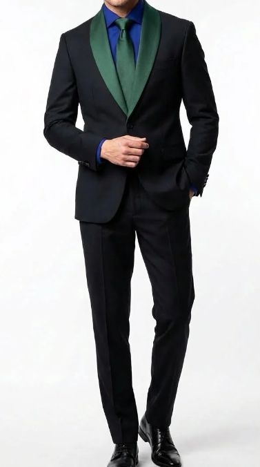 Mens Black Suit with Purple Lapel – Elegant Formal Tuxedo Style Suit for Wedding, Prom, Party and Evening Wear