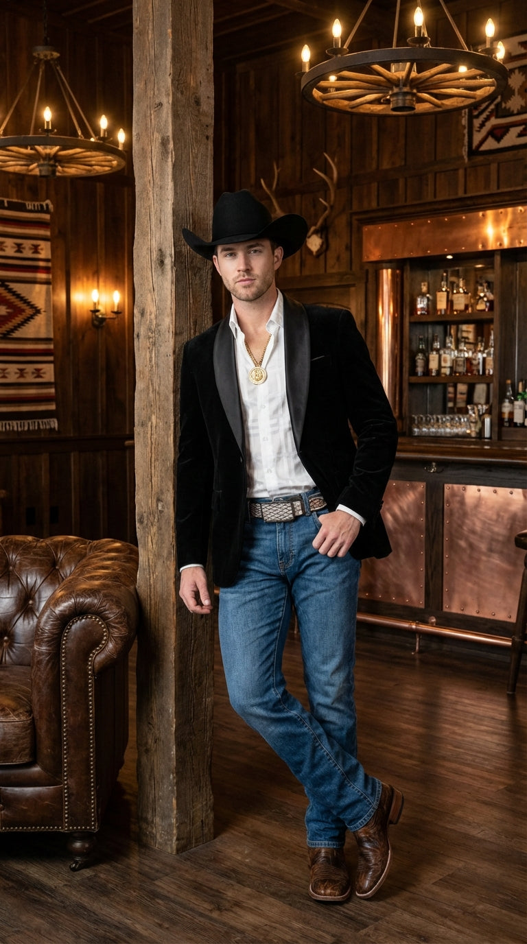 Mens Black Velvet Cowboy Blazer – Western Formal Jacket with Satin Lapel