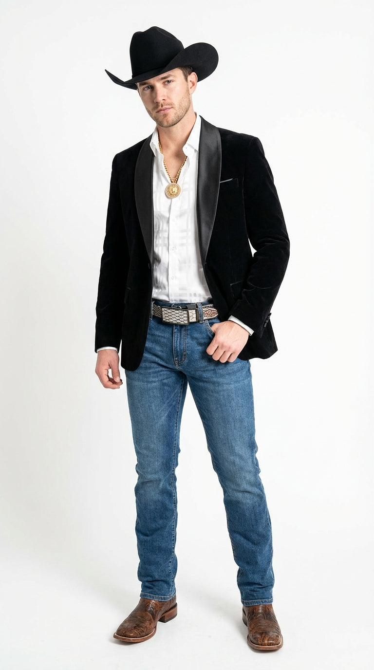 Mens Black Velvet Cowboy Blazer – Western Formal Jacket with Satin Lapel