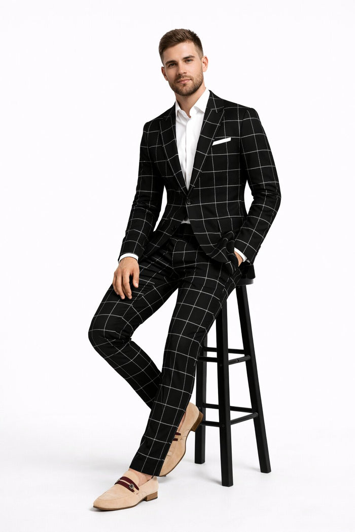 Bold Gangster Plaid Suit - 1920s Mens Fashion Window Pane Suit - Black