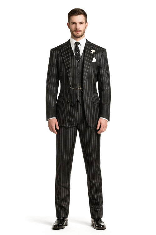 Gangster Suit - Mobster Suit - Mafia Suit For Men 2 button Gangster Pinstripe Suit in Black & White