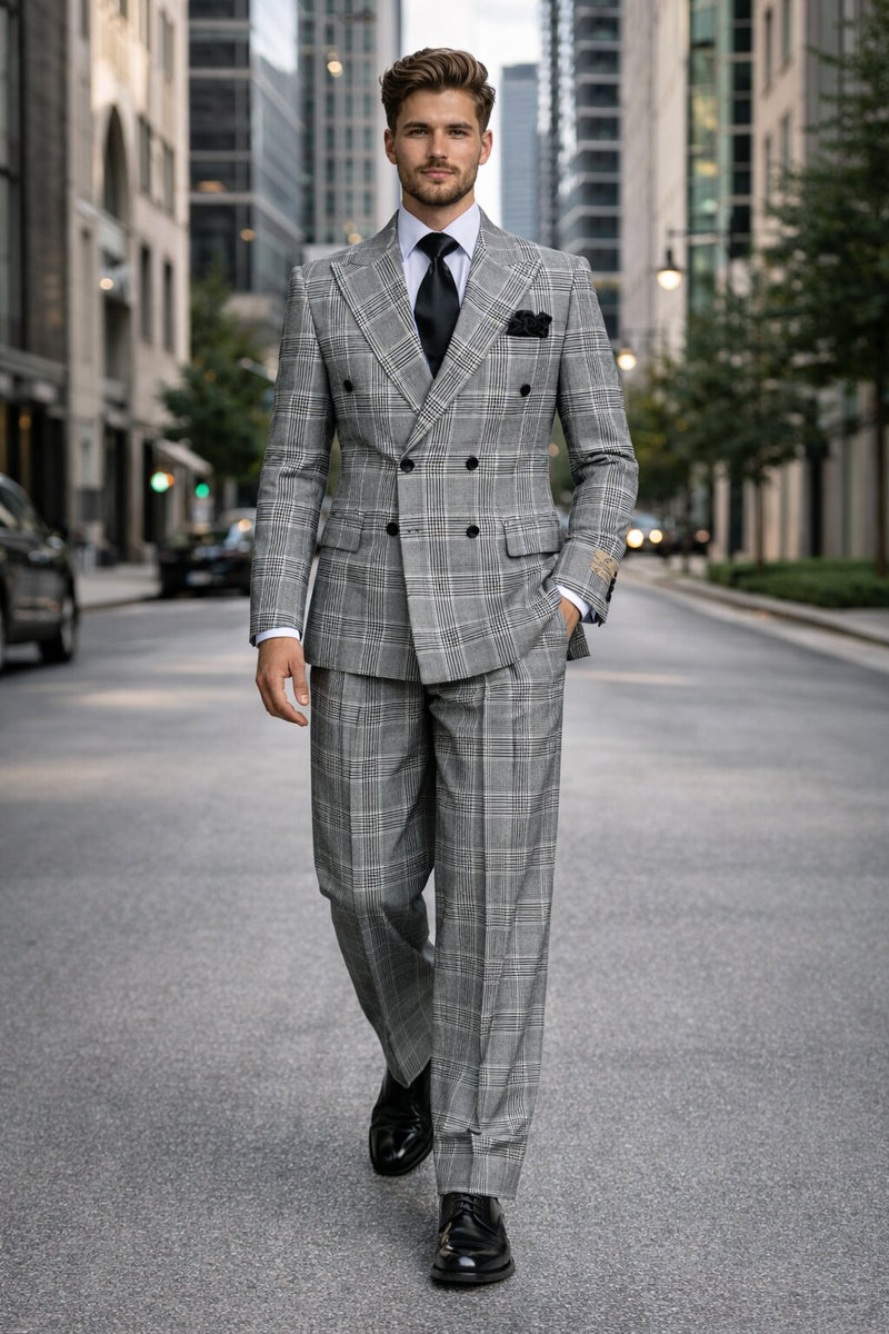 Suits With Baggy Pleated Pants - Wide Leg Pants 100% Wool - Classic Fit in Black and White Plaid Color by Rossiman