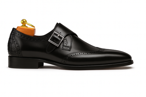 Mens Leather Wingtip Monk Strap Dress Shoe in Brown & Navy