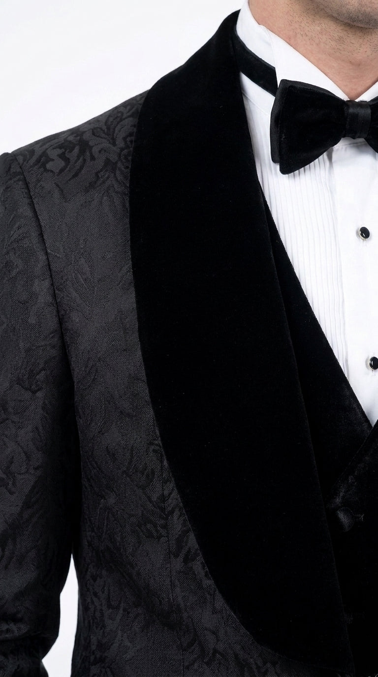 Men’s Black With Velvet collar 3 Piece Tuxedo Suit – Floral Jacquard Dinner Jacket with  Vest and Bowtie