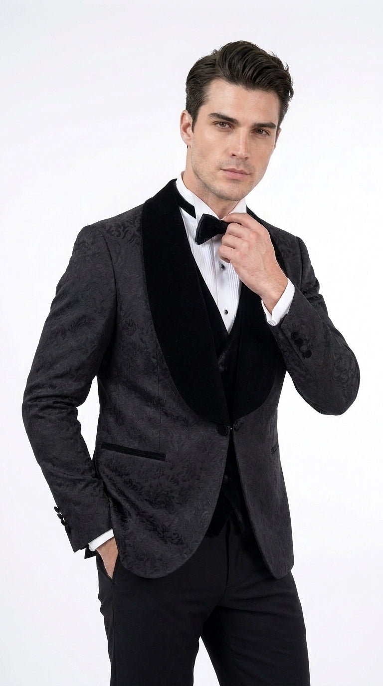 Men’s Black With Velvet collar 3 Piece Tuxedo Suit – Floral Jacquard Dinner Jacket with  Vest and Bowtie