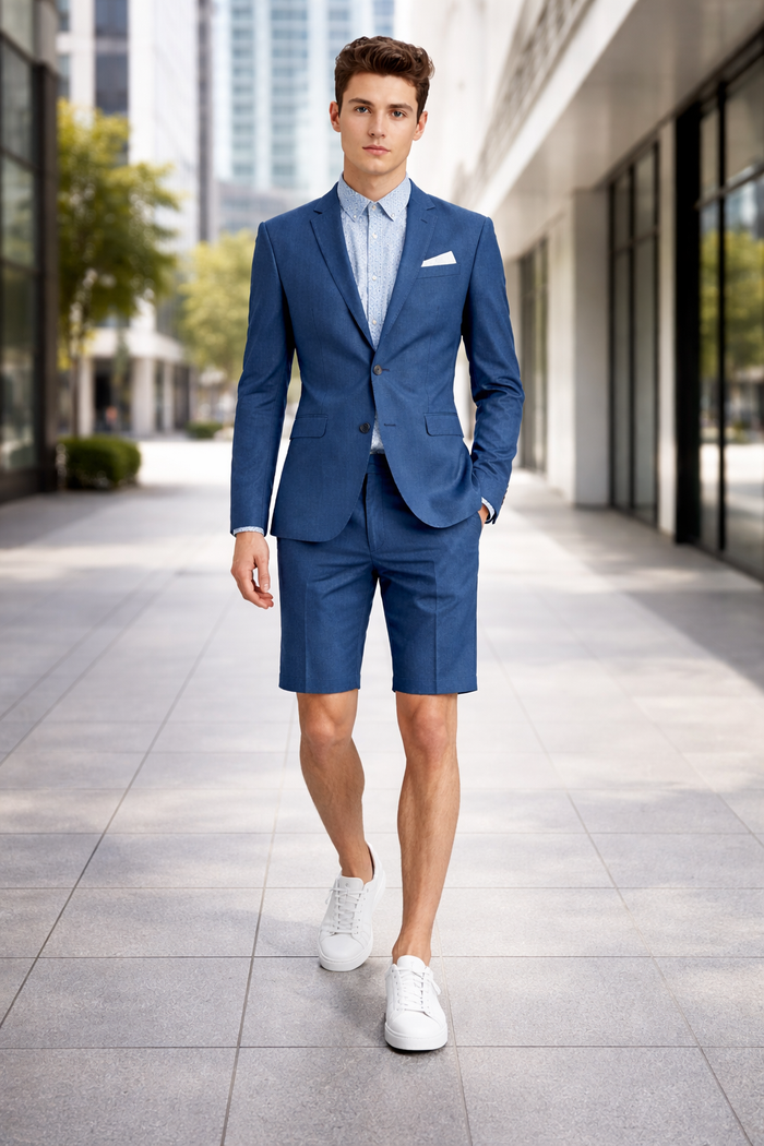 Mens Blazer With Shorts - Denim Blue Suit