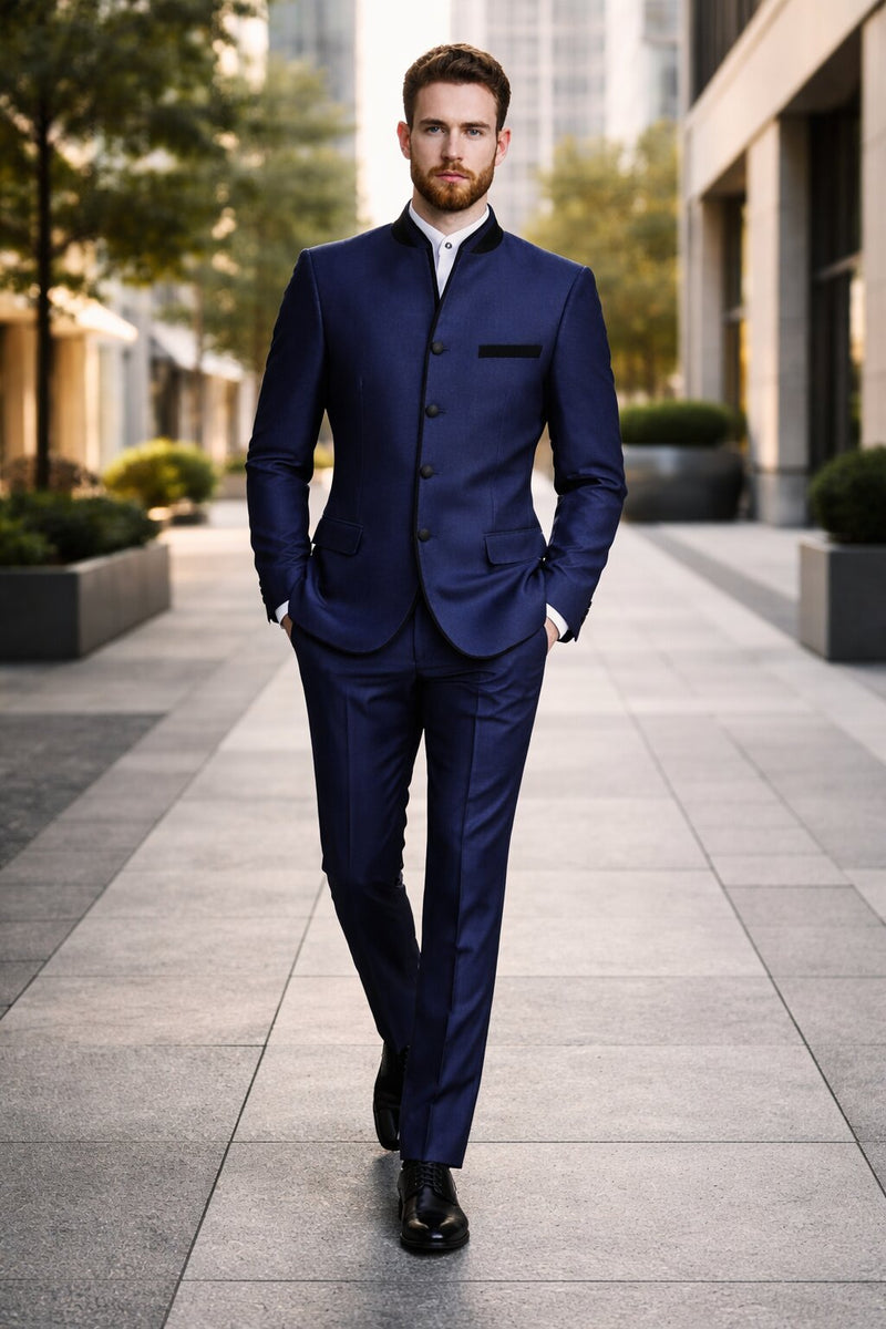 Mandarin Collar Tuxedo - Mandarin Tuxedo - No Collar Suit - Blue Suit
