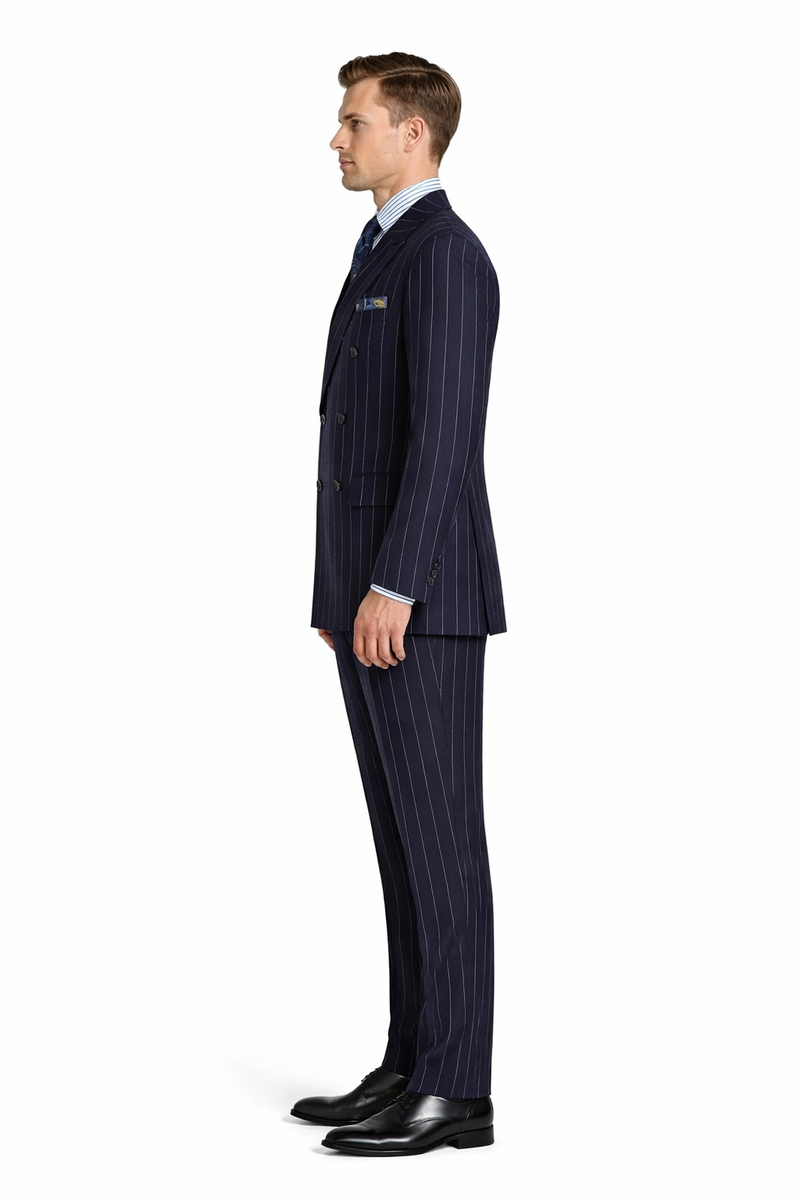 Mens Blue Pinstripe Suit Double Breasted 1920's Wide Bold Gangster Pinstripe Suit In Navy