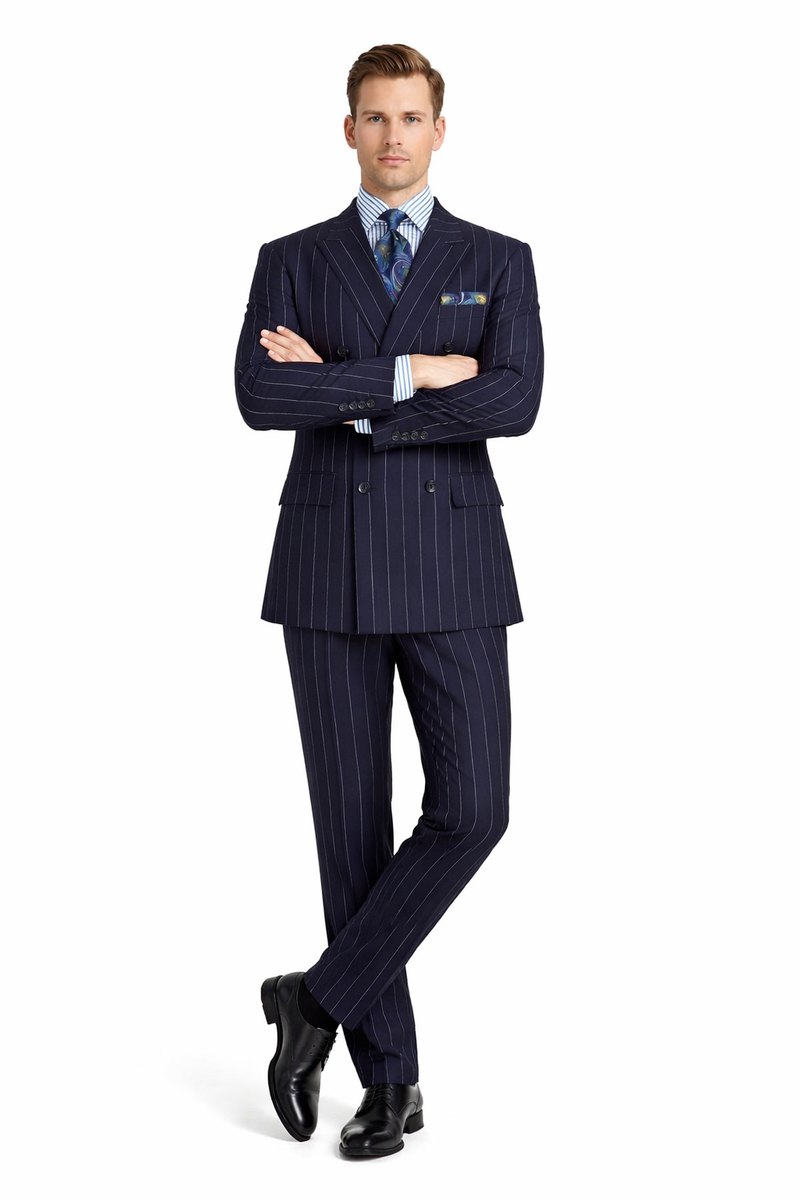 Mens Blue Pinstripe Suit Double Breasted 1920's Wide Bold Gangster Pinstripe Suit In Navy
