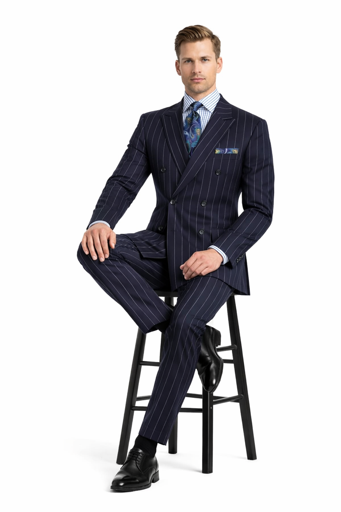 Mens Blue Pinstripe Suit Double Breasted 1920's Wide Bold Gangster Pinstripe Suit In Navy