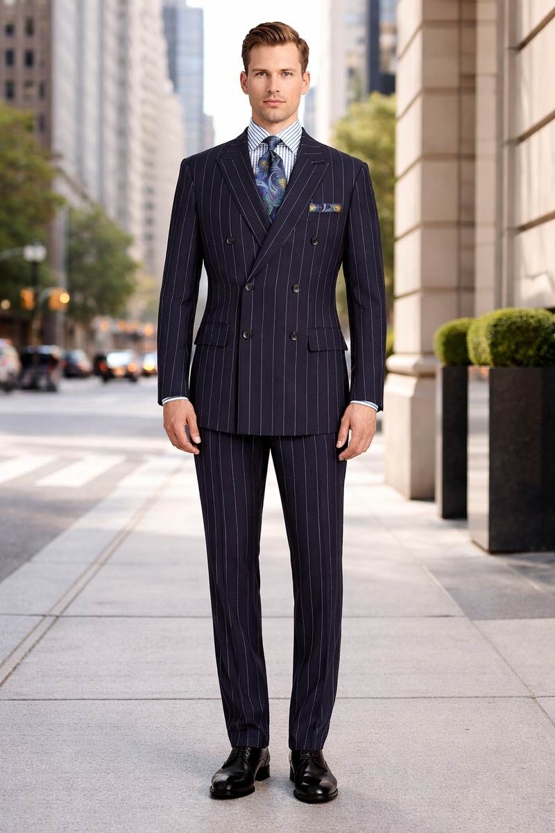Mens Blue Pinstripe Suit Double Breasted 1920's Wide Bold Gangster Pinstripe Suit In Navy