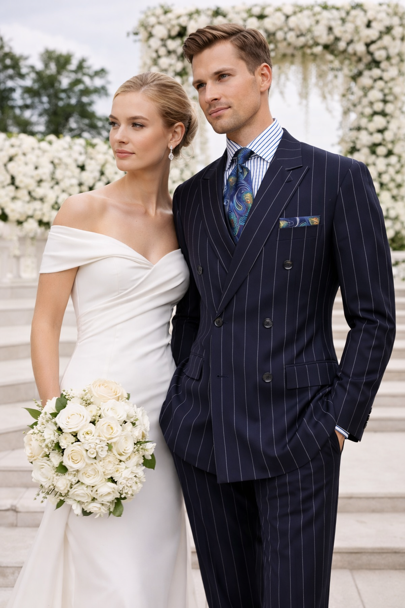 Mens Blue Pinstripe Suit Double Breasted 1920's Wide Bold Gangster Pinstripe Suit In Navy
