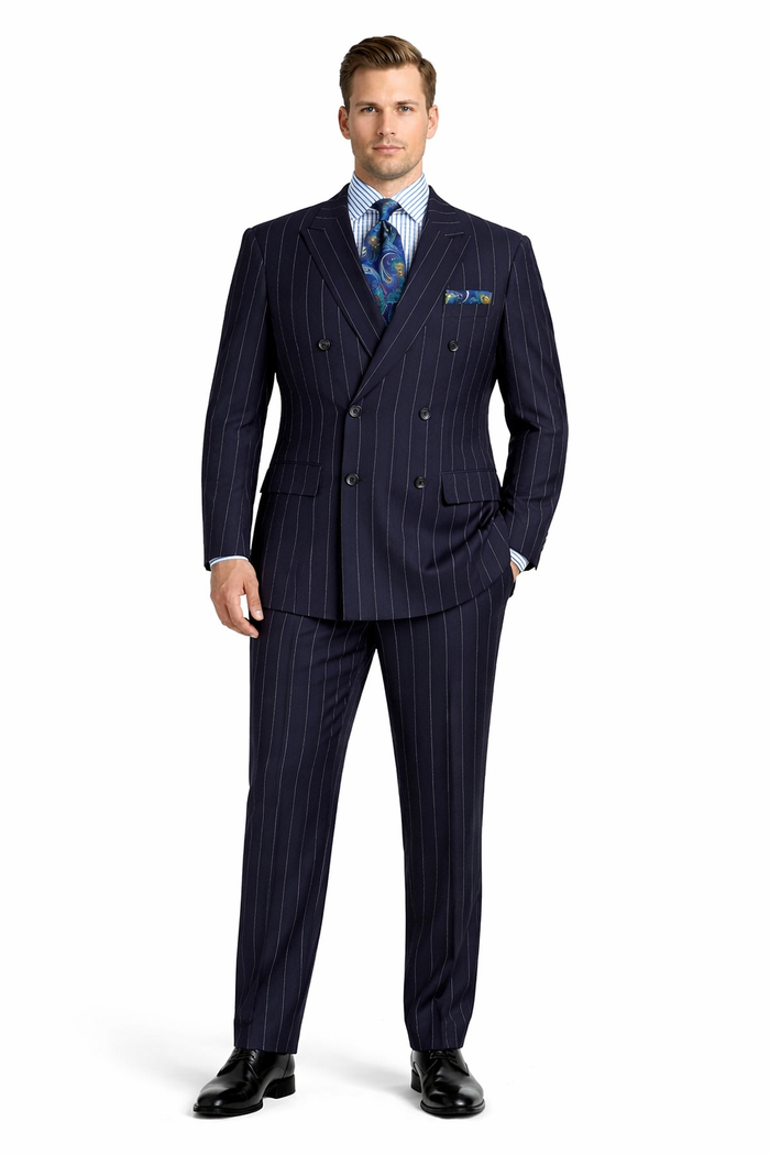Mens Blue Pinstripe Suit Double Breasted 1920's Wide Bold Gangster Pinstripe Suit In Navy