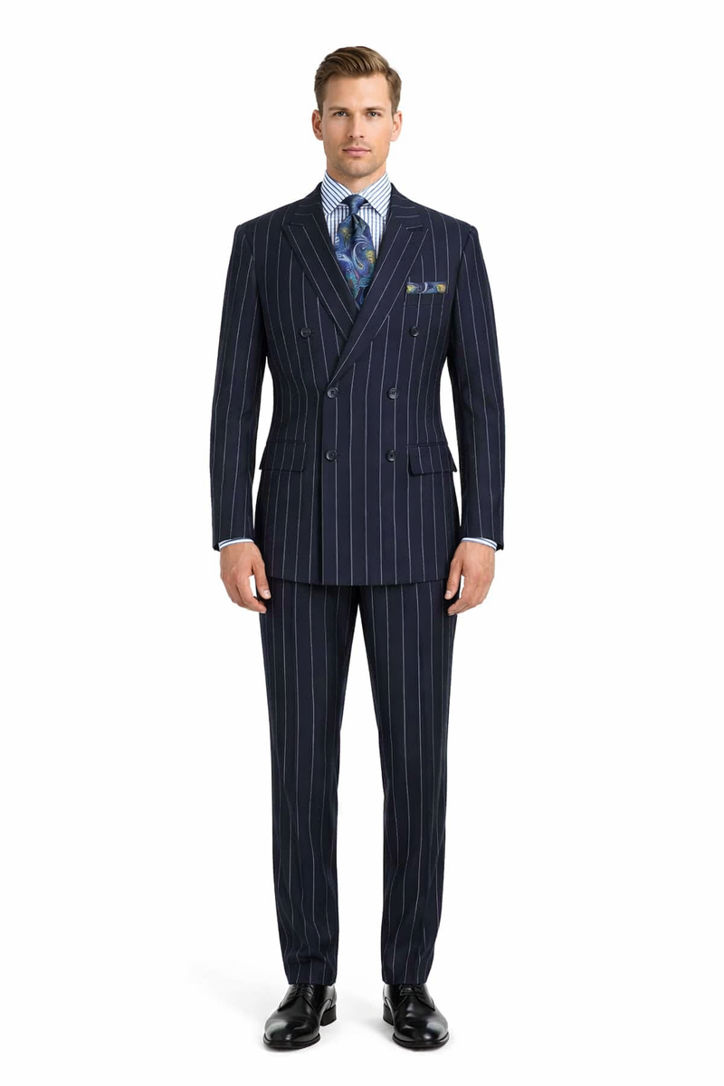 Mens Blue Pinstripe Suit Double Breasted 1920's Wide Bold Gangster Pinstripe Suit In Navy