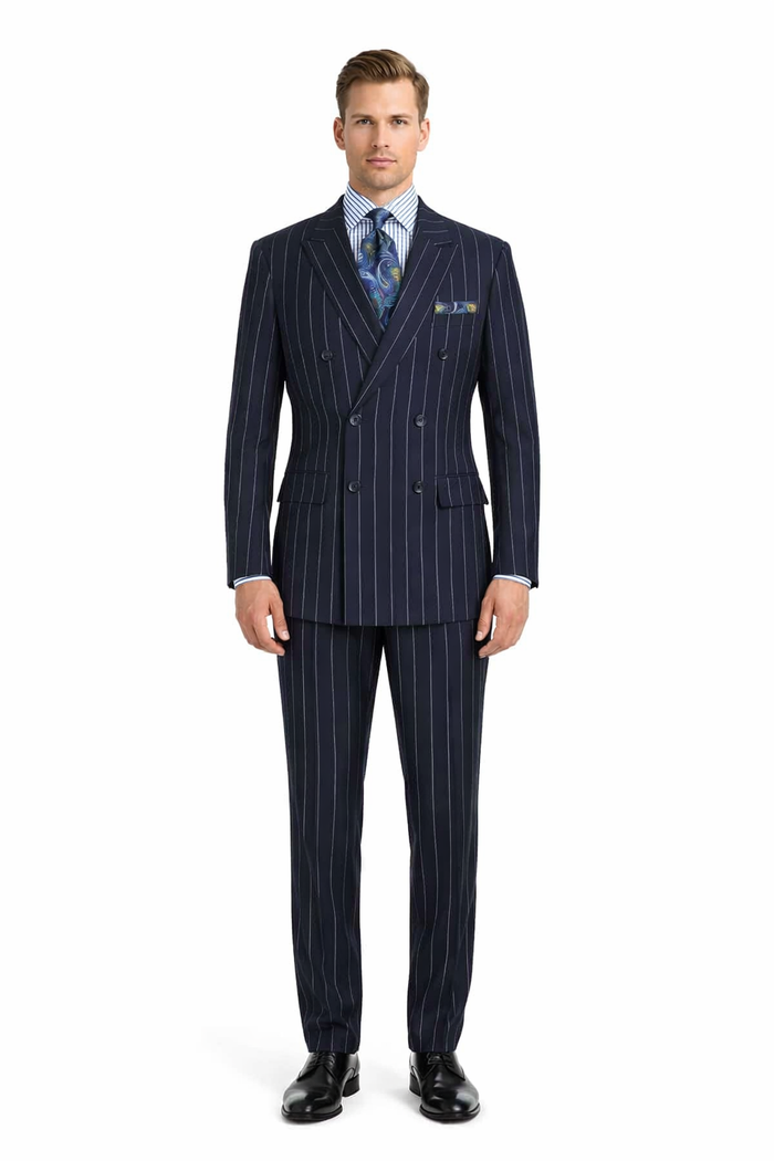 Mens Blue Pinstripe Suit Double Breasted 1920's Wide Bold Gangster Pinstripe Suit In Navy