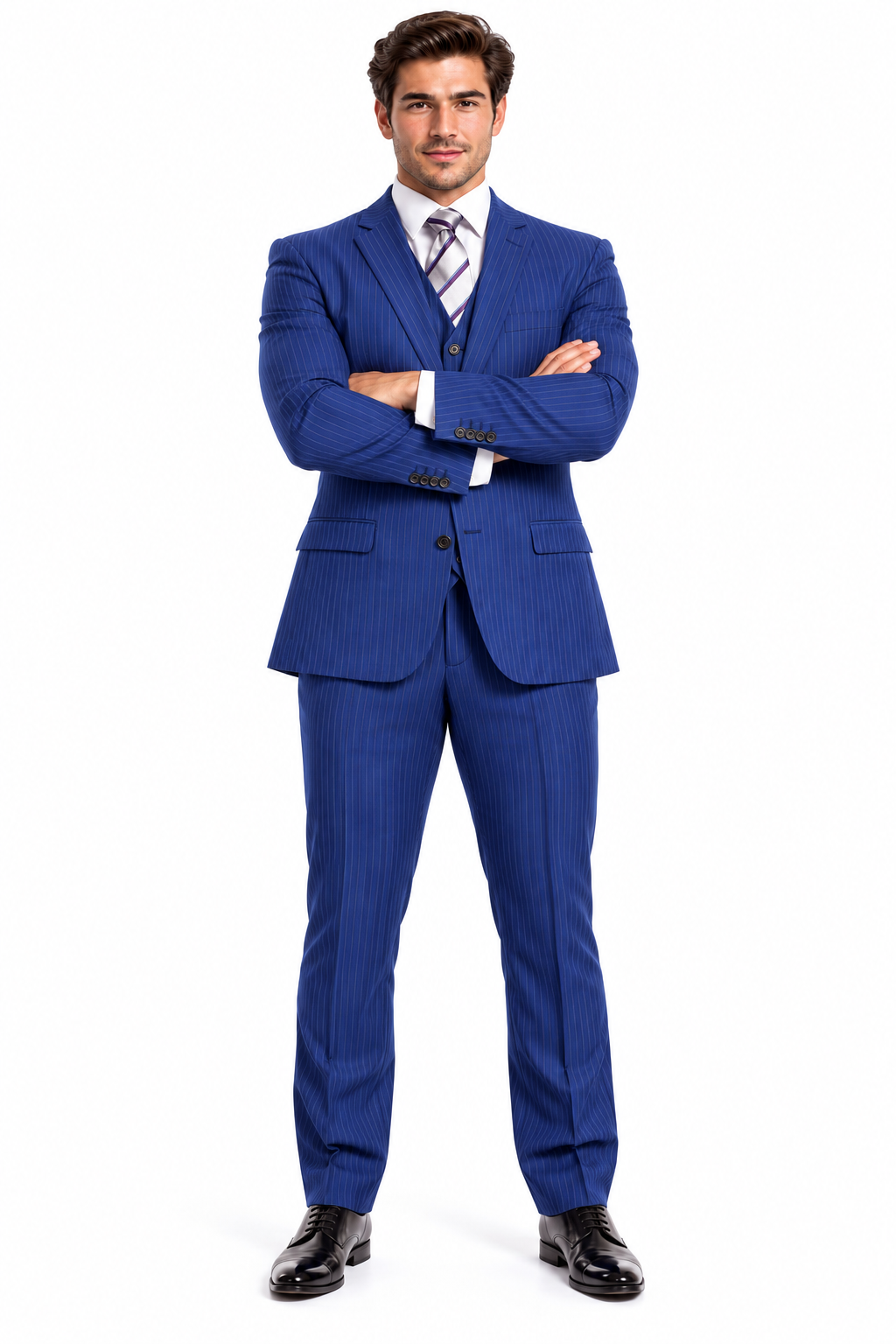 Mens Blue Pinstripe Suit Two Button Vested Business Suit In French Blue Pinstripe