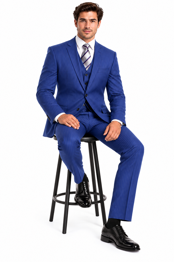 Mens Blue Pinstripe Suit Two Button Vested Business Suit In French Blue Pinstripe