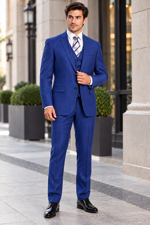 Mens Blue Pinstripe Suit Two Button Vested Business Suit In French Blue Pinstripe