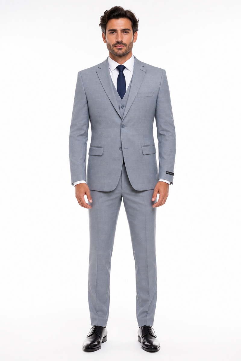 Men’s Blue Plaid 3-Piece Tailored Fit Suit with Vest