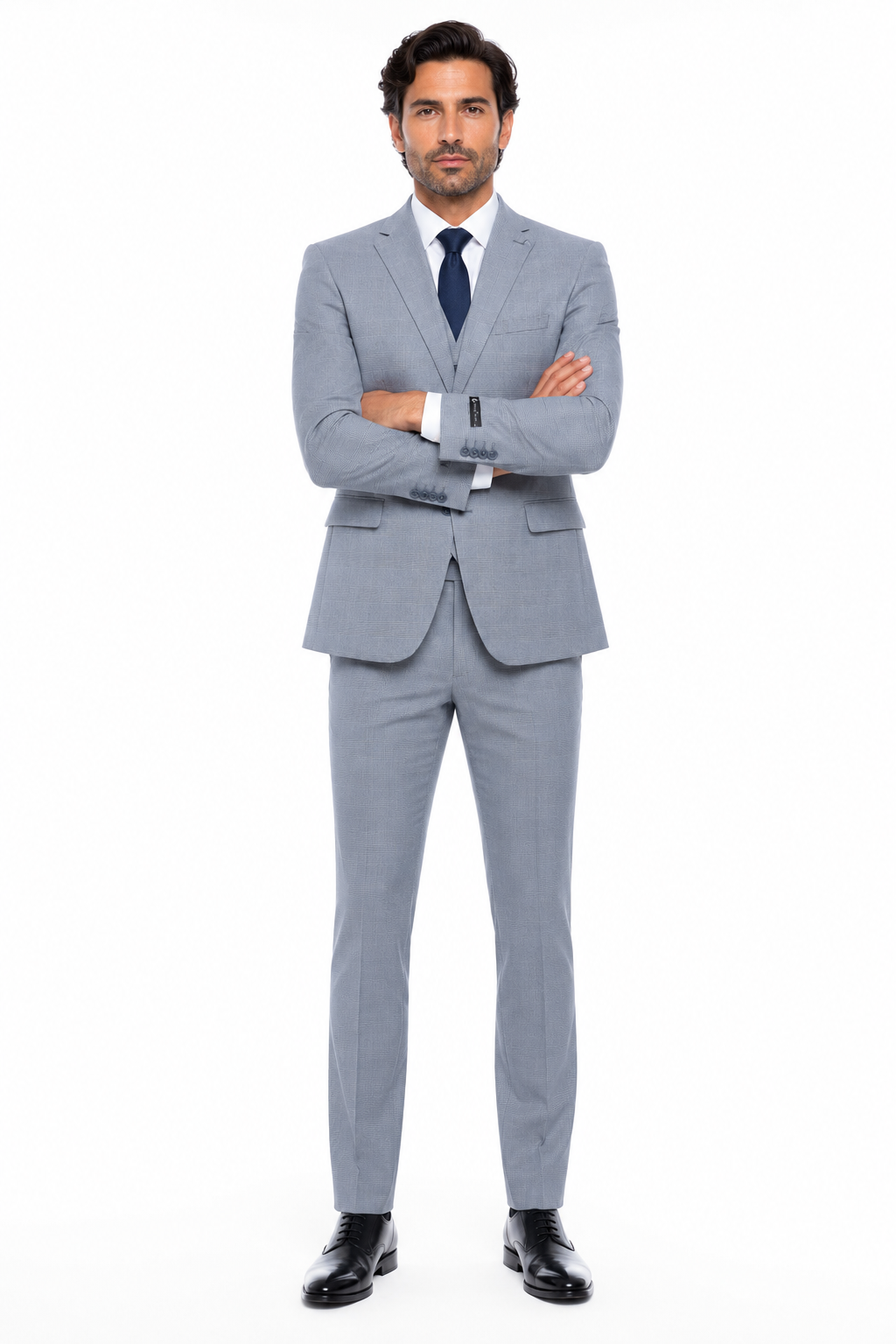 Men’s Blue Plaid 3-Piece Tailored Fit Suit with Vest