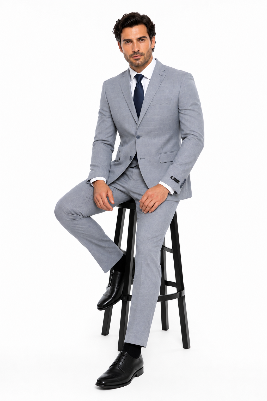 Men’s Blue Plaid 3-Piece Tailored Fit Suit with Vest