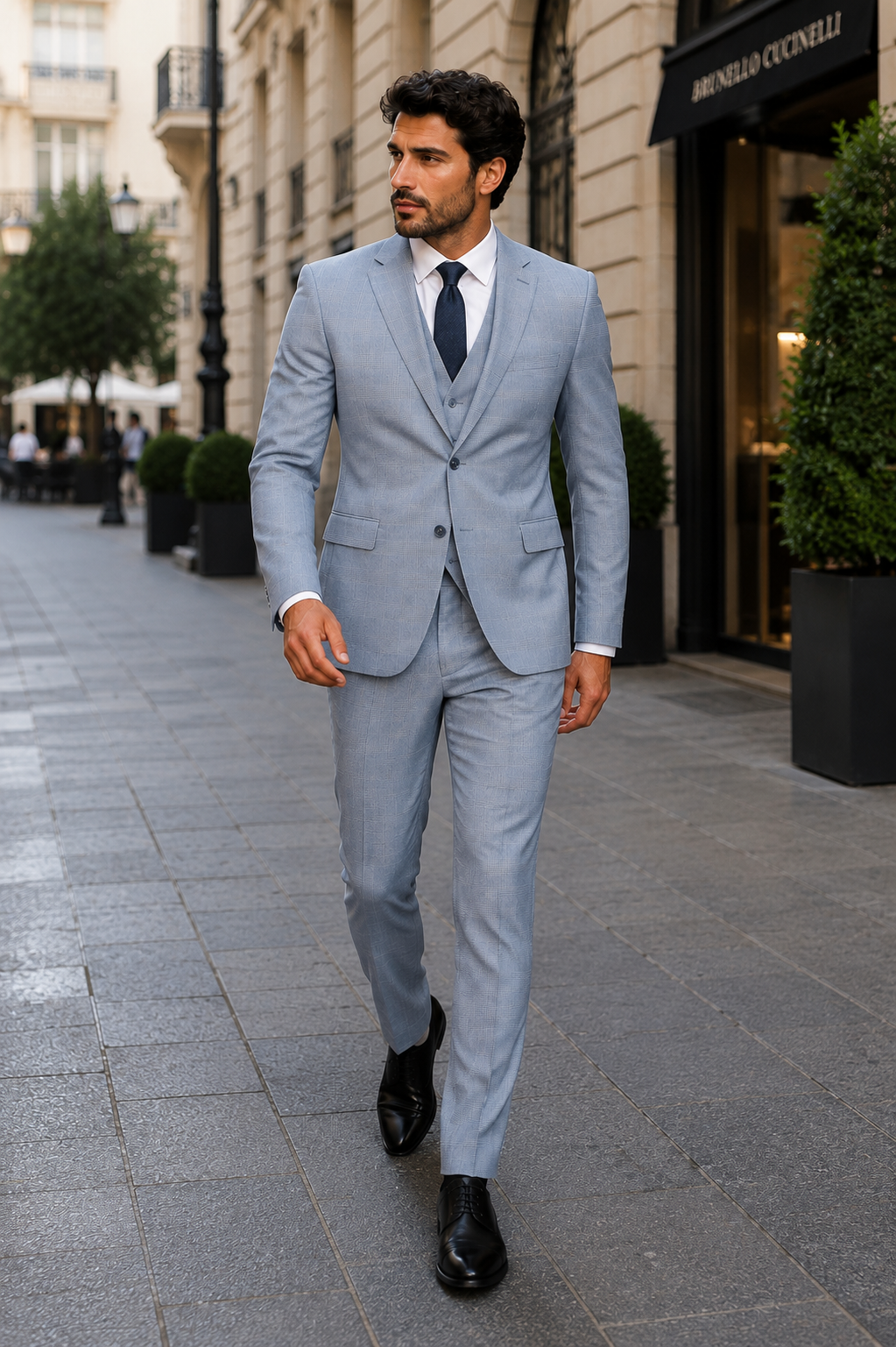 Men’s Blue Plaid 3-Piece Tailored Fit Suit with Vest