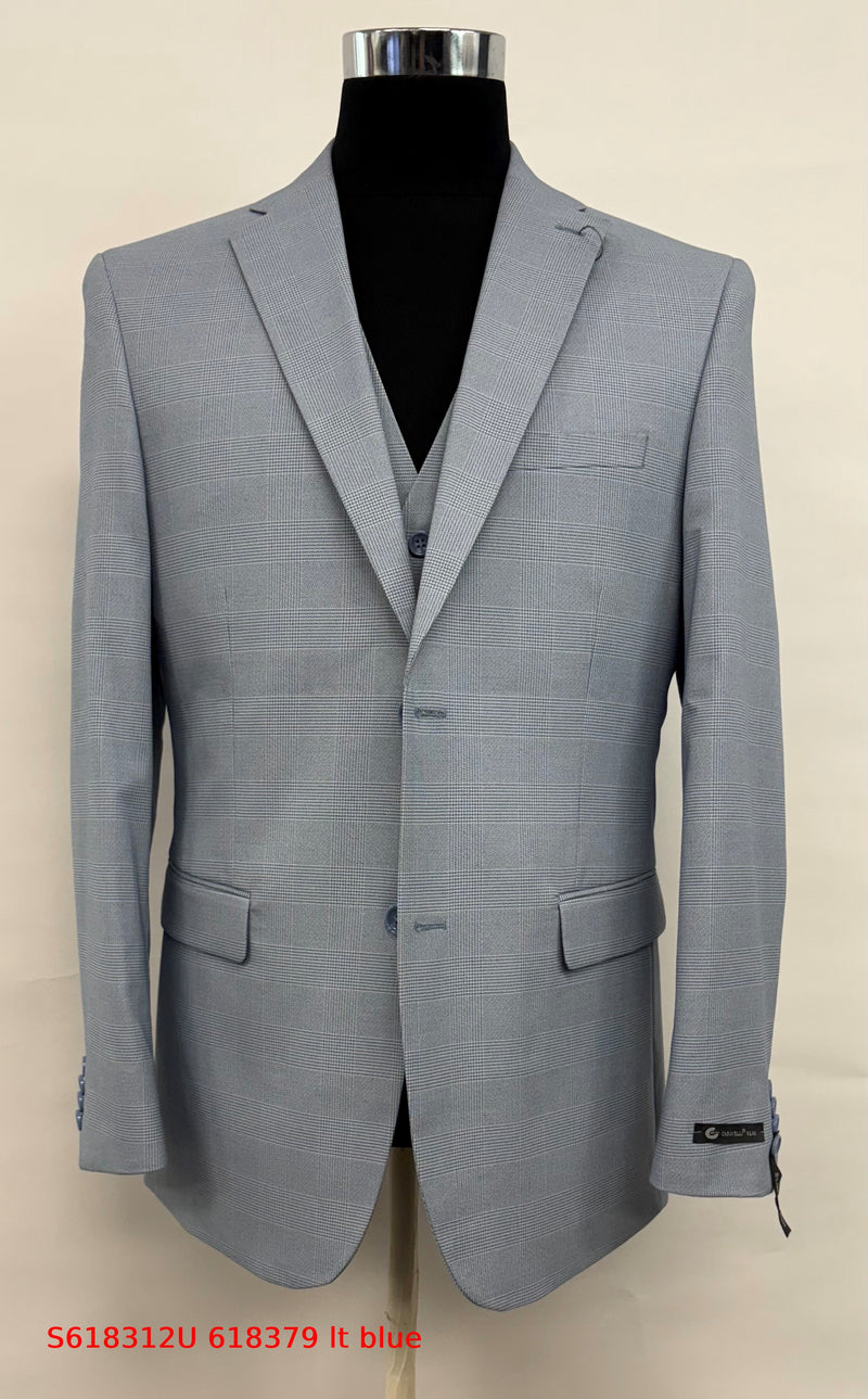 Men’s Blue Plaid 3-Piece Tailored Fit Suit with Vest