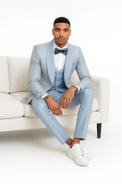 2025 Prom Special Blue Tuxedo Suit w/ Double-Breasted Vest by Tazzio