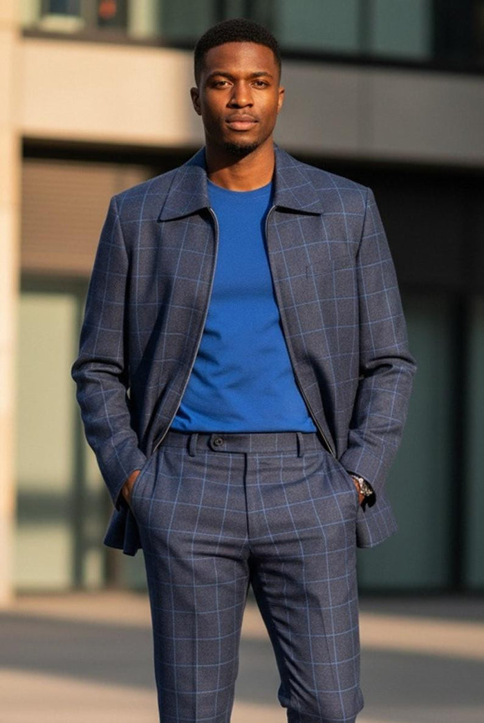 Mens Blue Windowpane Leisure Suit Size 48R BP6789
