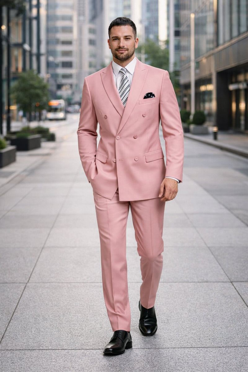 Men's Designer Double Breasted Wool Suit in Blush Pink