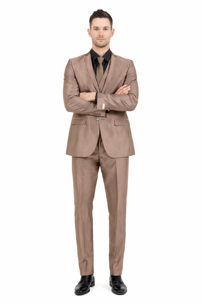 Men’s Bronze Brown Mocco 3 Piece Suit – Modern Formal Suit Set for Wedding, Prom and Business Events Light Brown Coffee Dark Tan