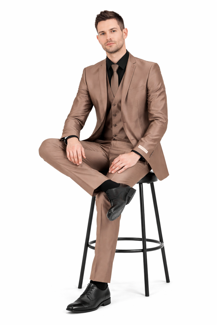 Men’s Bronze Brown Mocco 3 Piece Suit – Modern Formal Suit Set for Wedding, Prom and Business Events Light Brown Coffee Dark Tan