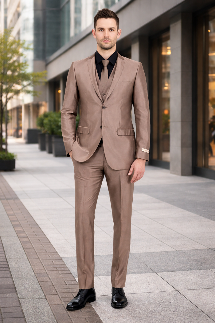 Men’s Bronze Brown Mocco 3 Piece Suit – Modern Formal Suit Set for Wedding, Prom and Business Events Light Brown Coffee Dark Tan
