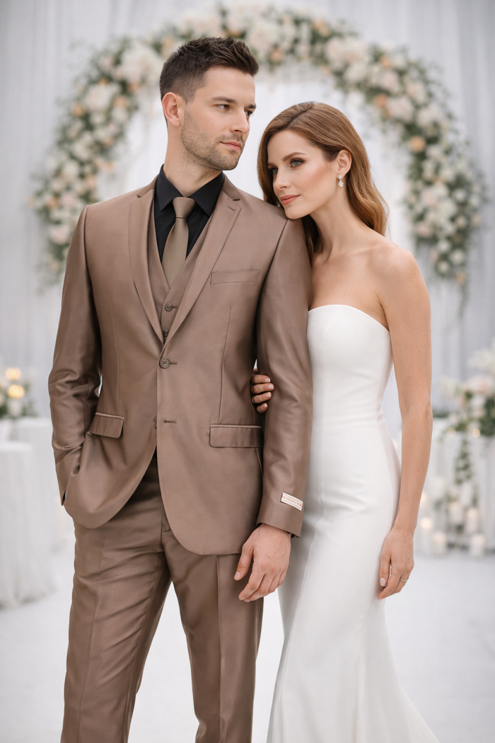 Men’s Bronze Brown Mocco 3 Piece Suit – Modern Formal Suit Set for Wedding, Prom and Business Events Light Brown Coffee Dark Tan