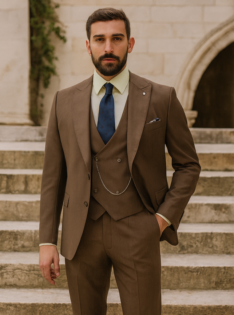 Designer brown suit with fitted jacket & vest. Smooth, solid fabric with sheen. Includes shirt, tie & pocket square. Jacket: 2 buttons, sharp lapels. Pants: straight leg. Chain accessory.