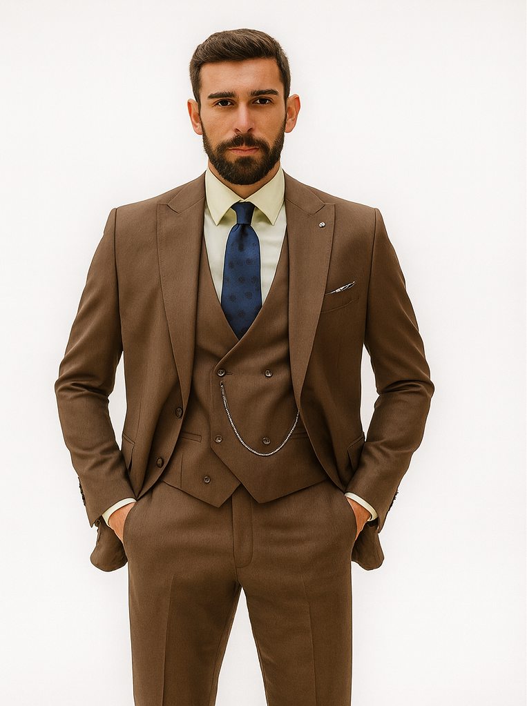 Tailored brown suit with vest, single-breasted jacket (notch lapels, 3 buttons) and double-breasted vest. Smooth fabric. Paired with light green shirt, dark blue polka dot tie, and pocket square.
