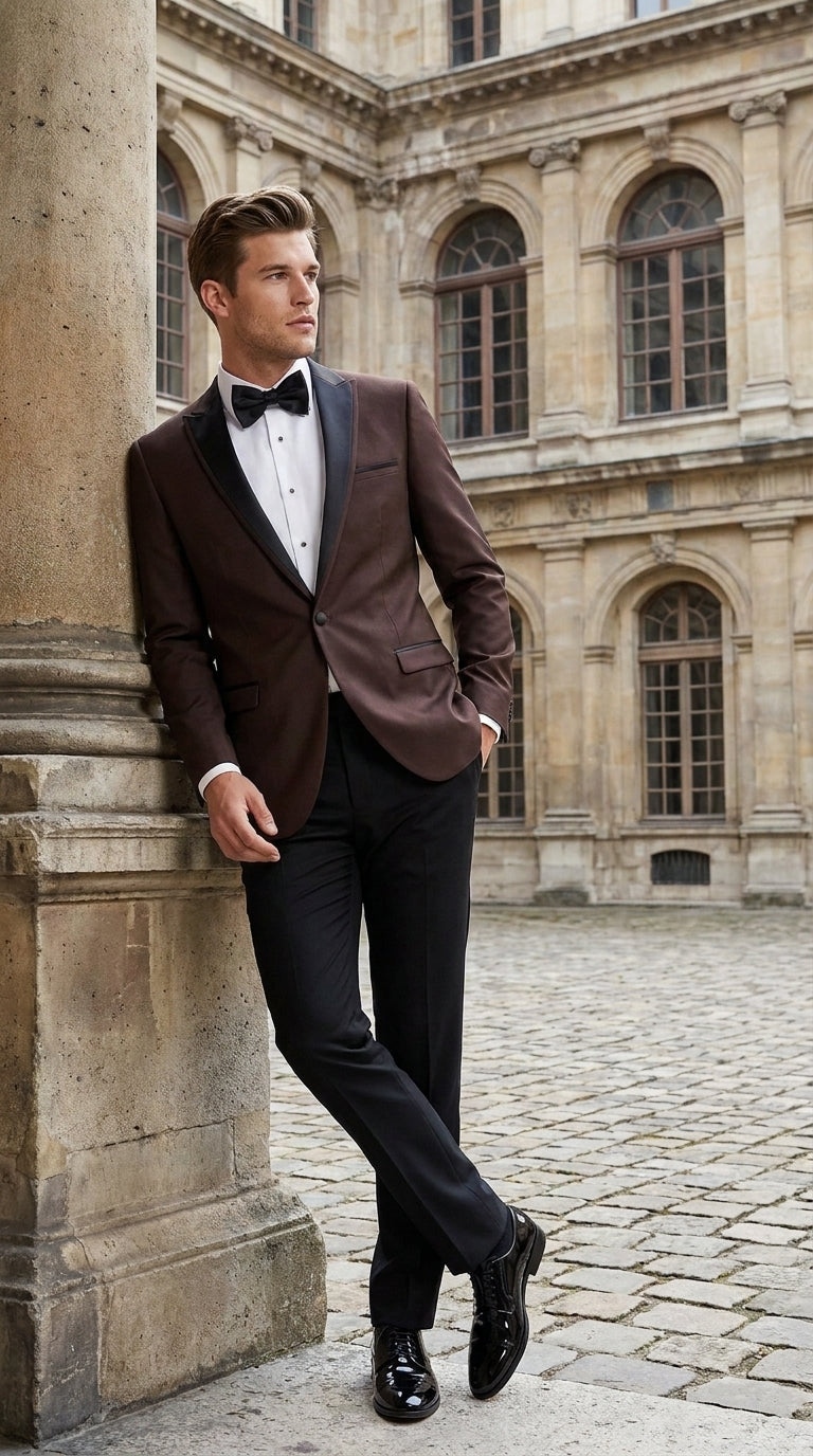 Mens Brown Dinner Jacket with Black Pants – Satin Lapel Tuxedo Suit for Weddings & Formal Events