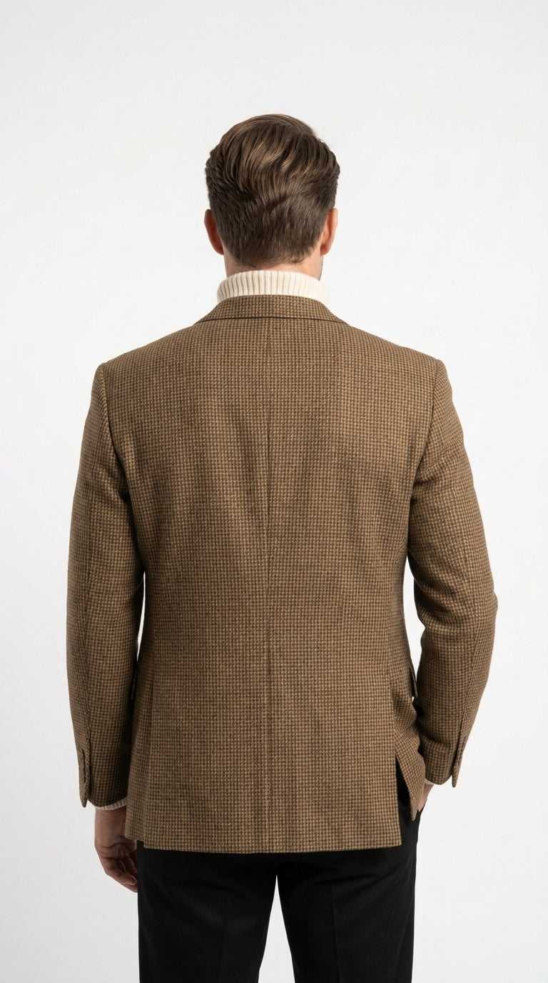 Mens Brown Houndstooth Blazer – Classic British Style 2 Button Checkered Texture Sport Coat for Fall, Winter Khaki Tan