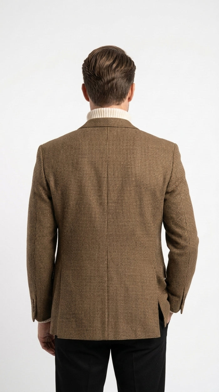 Mens Brown Houndstooth Blazer – Classic British Style 2 Button Checkered Texture Sport Coat for Fall, Winter Khaki Tan