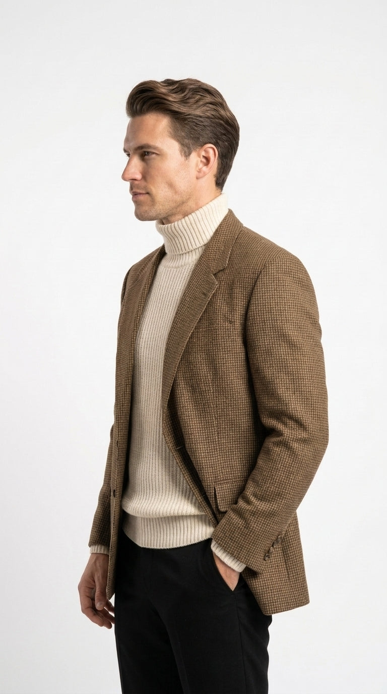 Mens Brown Houndstooth Blazer – Classic British Style 2 Button Checkered Texture Sport Coat for Fall, Winter Khaki Tan