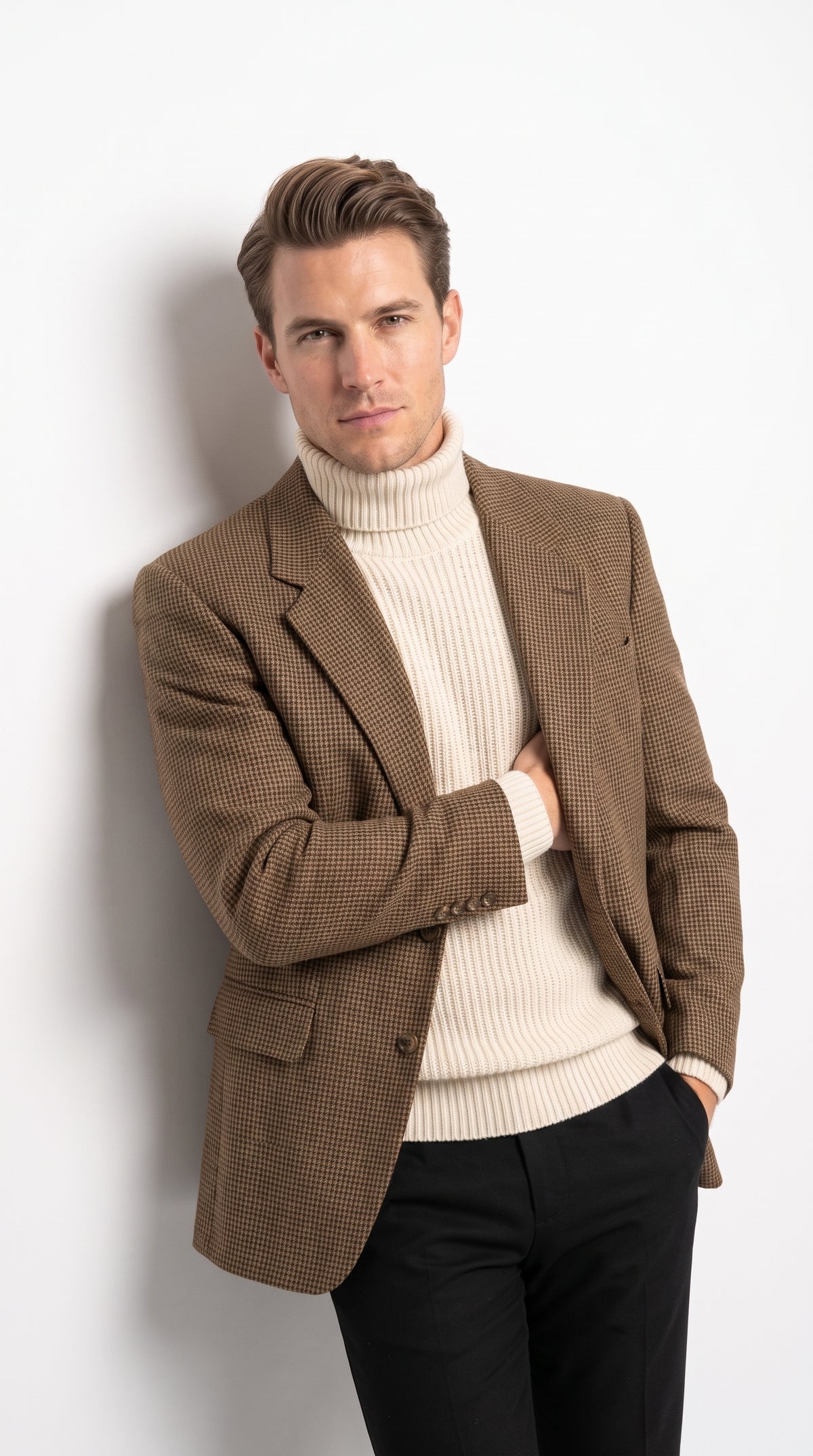 Mens Brown Houndstooth Blazer – Classic British Style 2 Button Checkered Texture Sport Coat for Fall, Winter Khaki Tan
