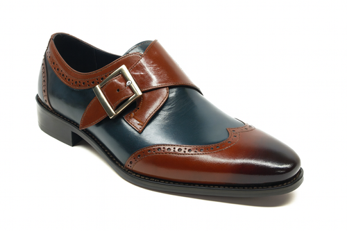 Mens Leather Wingtip Monk Strap Dress Shoe in Brown & Navy