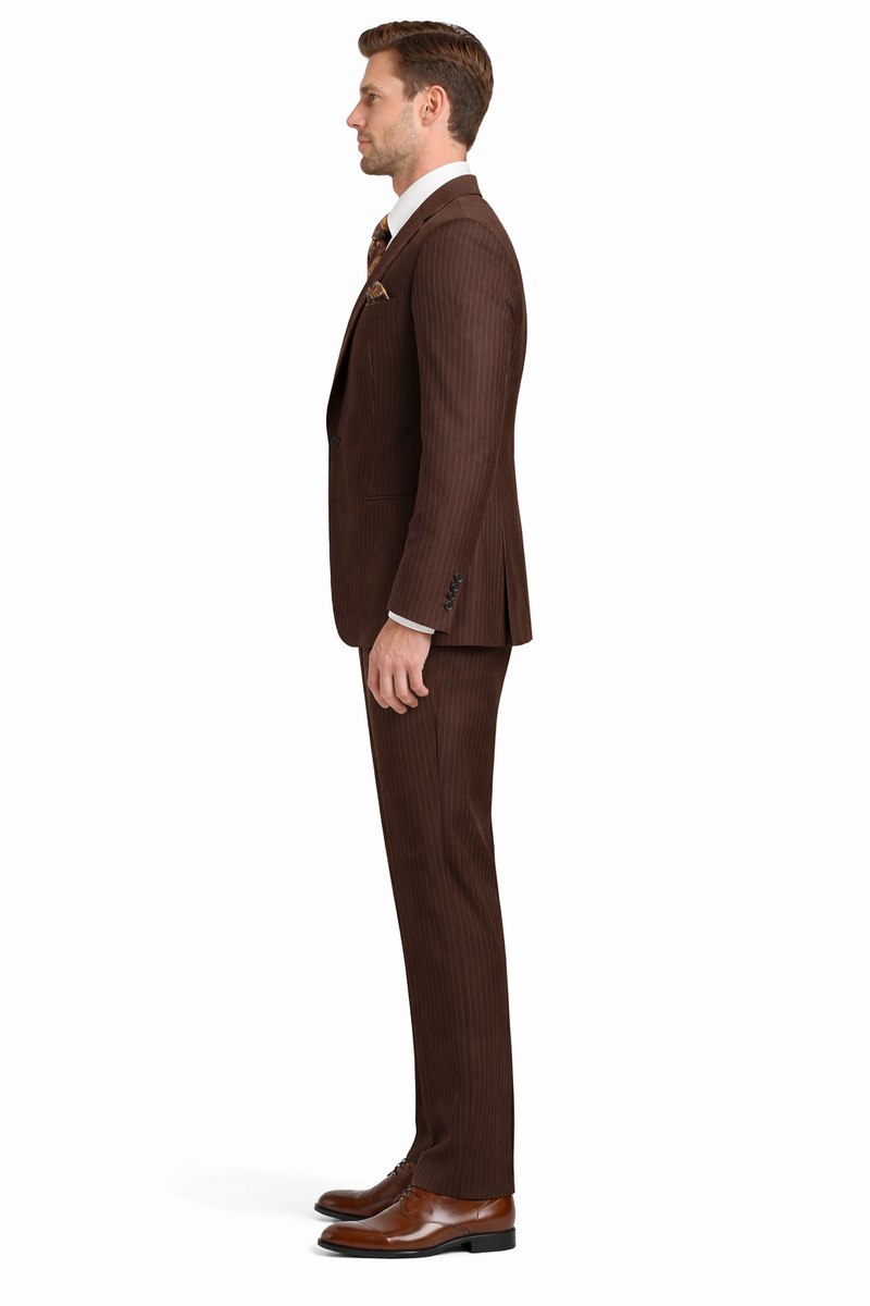 Men's Brown Pinstripe 3-Piece Suit with Matching Vest â€“ Classic Fit Business and Formal Attire