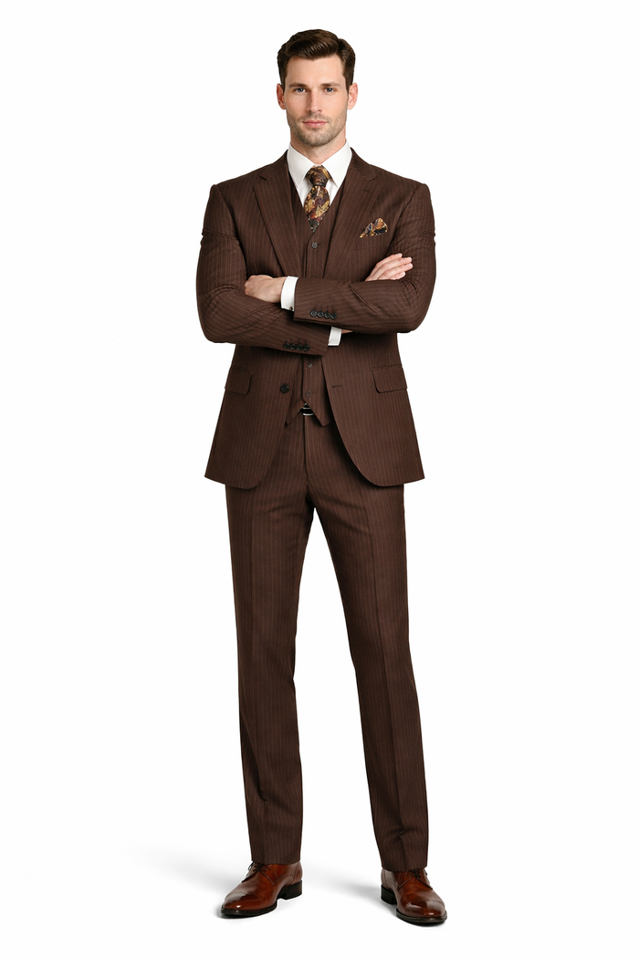 Men's Brown Pinstripe 3-Piece Suit with Matching Vest â€“ Classic Fit Business and Formal Attire