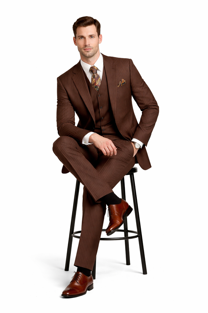 Men's Brown Pinstripe 3-Piece Suit with Matching Vest â€“ Classic Fit Business and Formal Attire