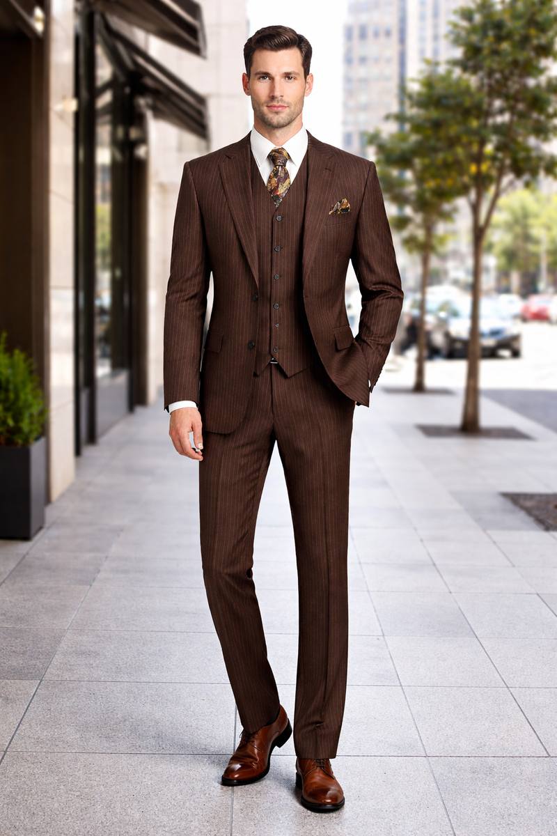 Men's Brown Pinstripe 3-Piece Suit with Matching Vest â€“ Classic Fit Business and Formal Attire
