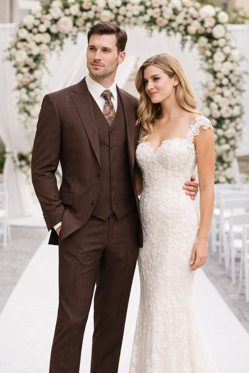 Men's Brown Pinstripe 3-Piece Suit with Matching Vest â€“ Classic Fit Business and Formal Attire