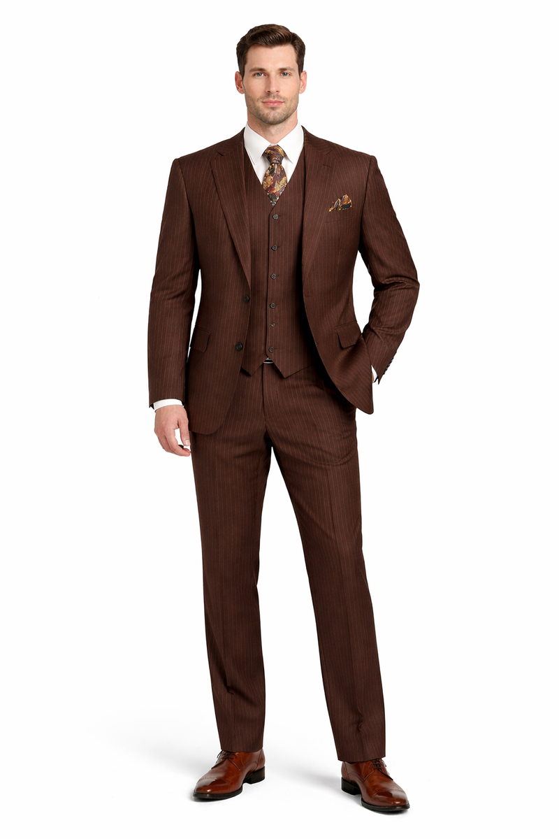 Men's Brown Pinstripe 3-Piece Suit with Matching Vest â€“ Classic Fit Business and Formal Attire