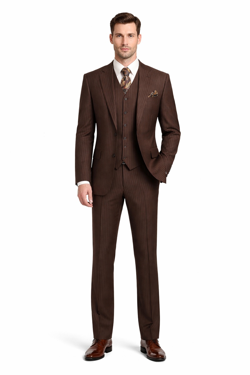 Men's Brown Pinstripe 3-Piece Suit with Matching Vest â€“ Classic Fit Business and Formal Attire