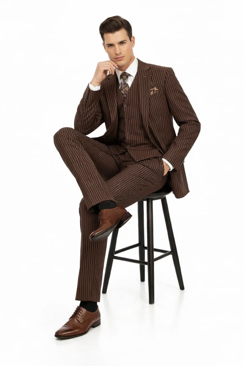 Mens Brown Pinstripe 3-Piece Suits  Classic Business and Formal Wear with Vest
